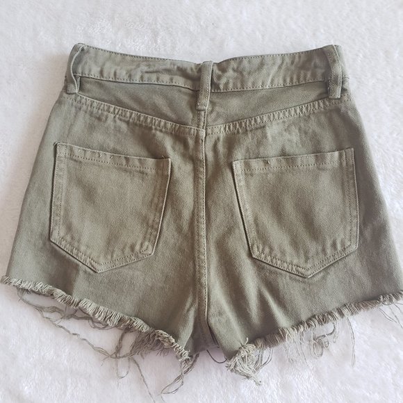 COTTON ON The Flashback High Rise Distessed Button Fly Olive Green Short SZ 4 - Picture 11 of 15